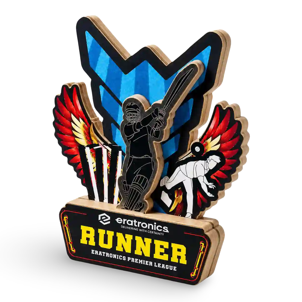 Cricket runner up trophy acrylic wooden base UV print custom engraving India