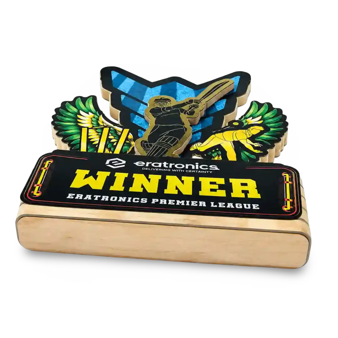 A rectangular wooden trophy base with a black front plaque reading 'WINNER ERATRONICS PREMIER LEAGUE' in yellow text.