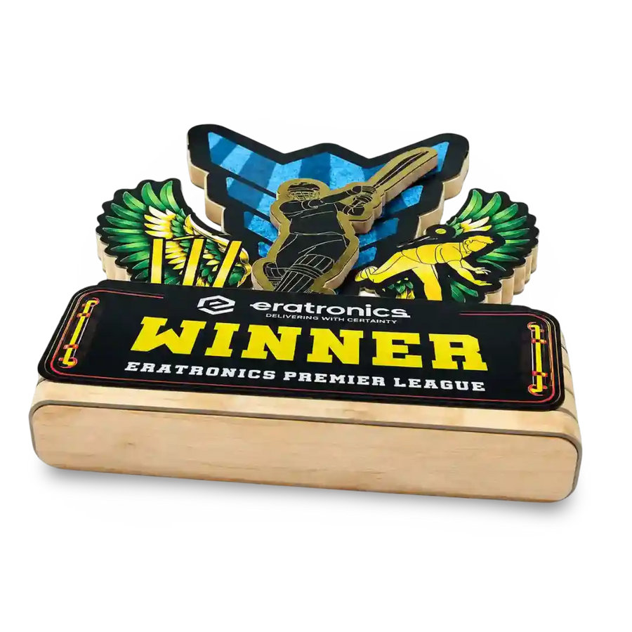 A rectangular wooden trophy base with a black front plaque reading 'WINNER ERATRONICS PREMIER LEAGUE' in yellow text.