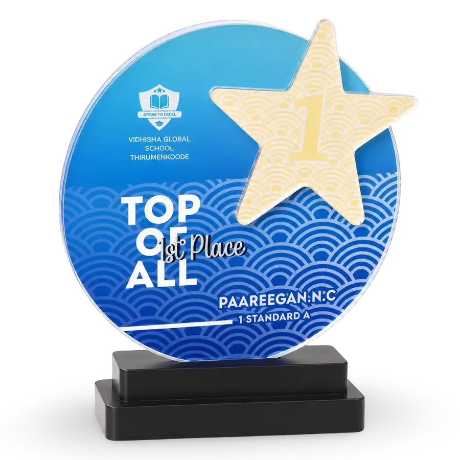 Crystal star trophy award with wooden base for academic and corporate recognition India