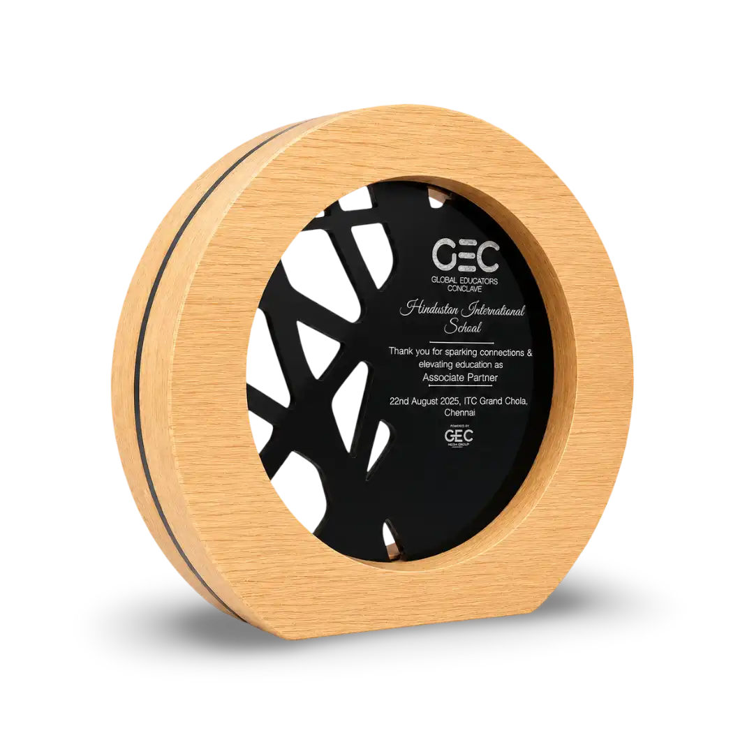 Personalized corporate award trophy in eco-friendly rubber wood and acrylic India