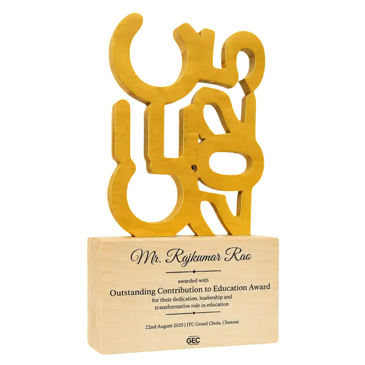 Custom wooden memento trophy with Tamil script gold finish acrylic for education award India