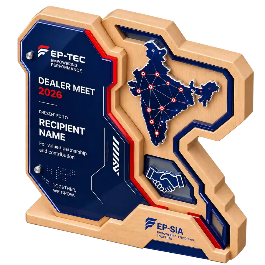 Front view of customized EP-TEC dealer meet award with recipient name panel
