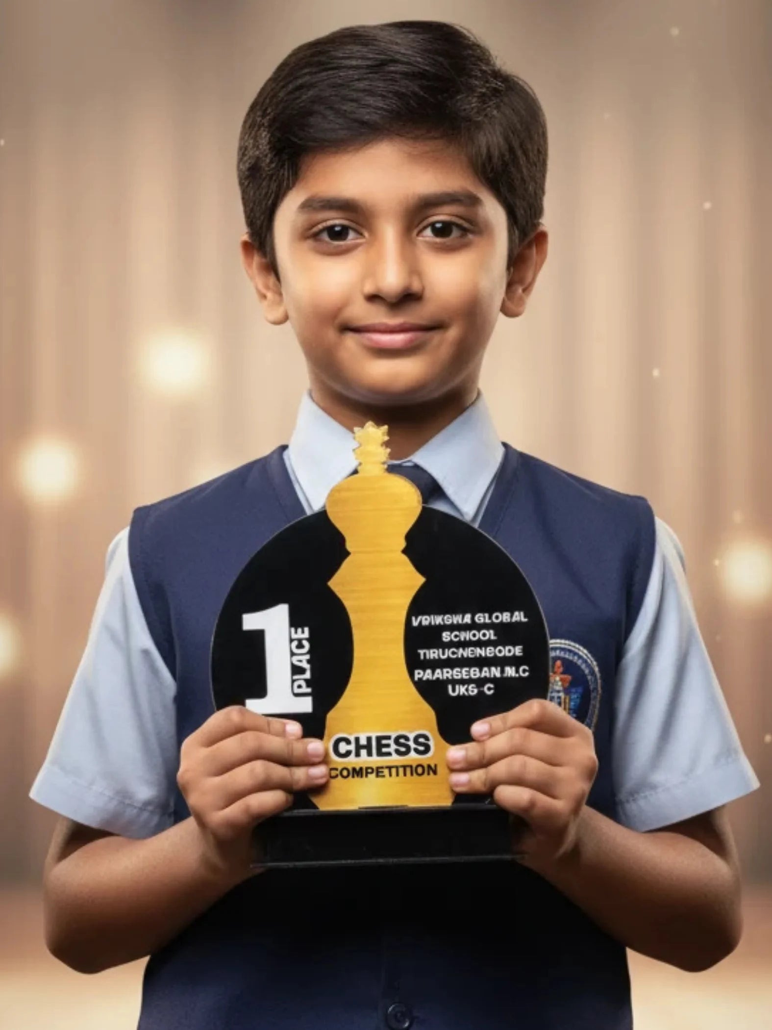 Chess championship trophy displayed in tournament award ceremony setting