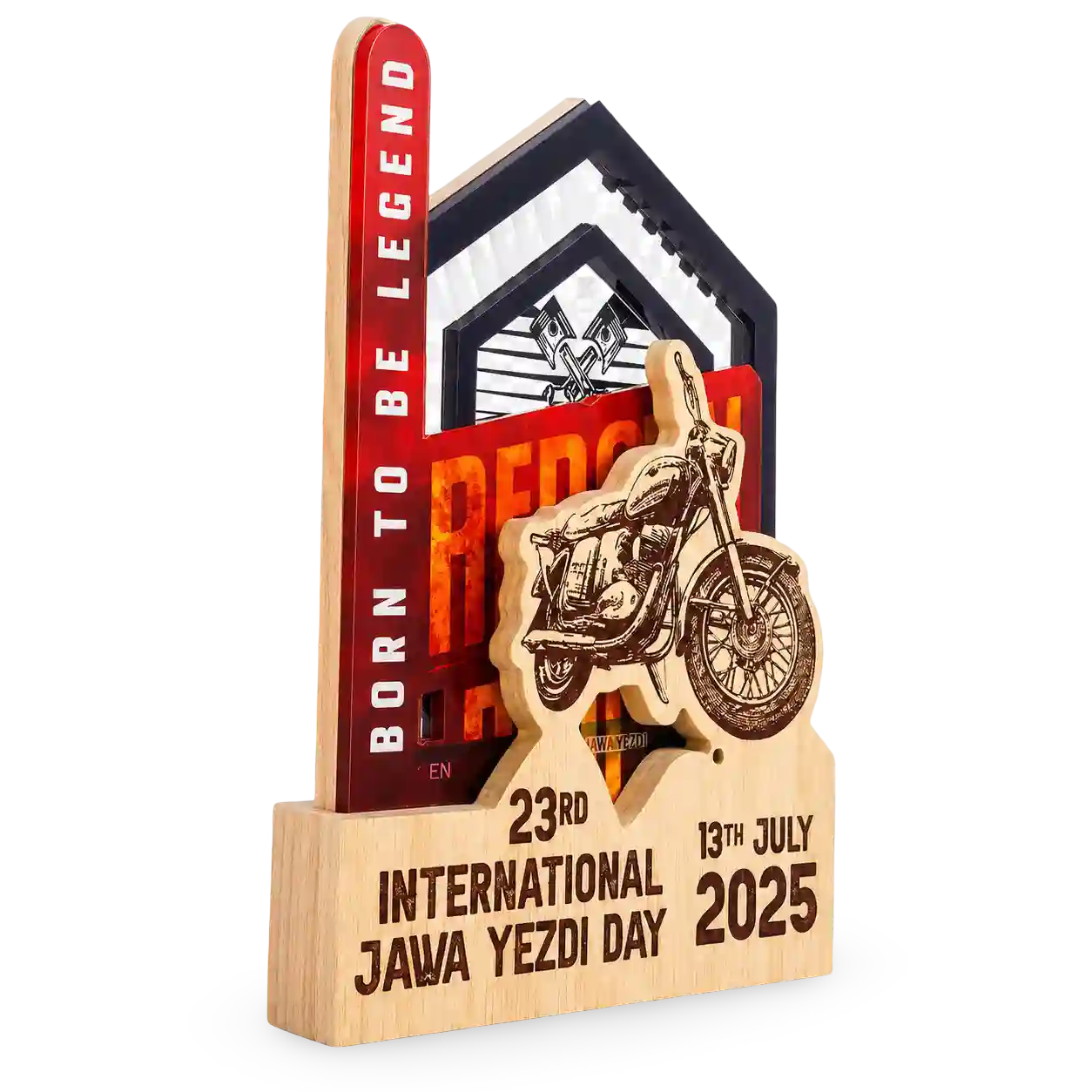 Custom engraved wood-and-acrylic cycling trophy