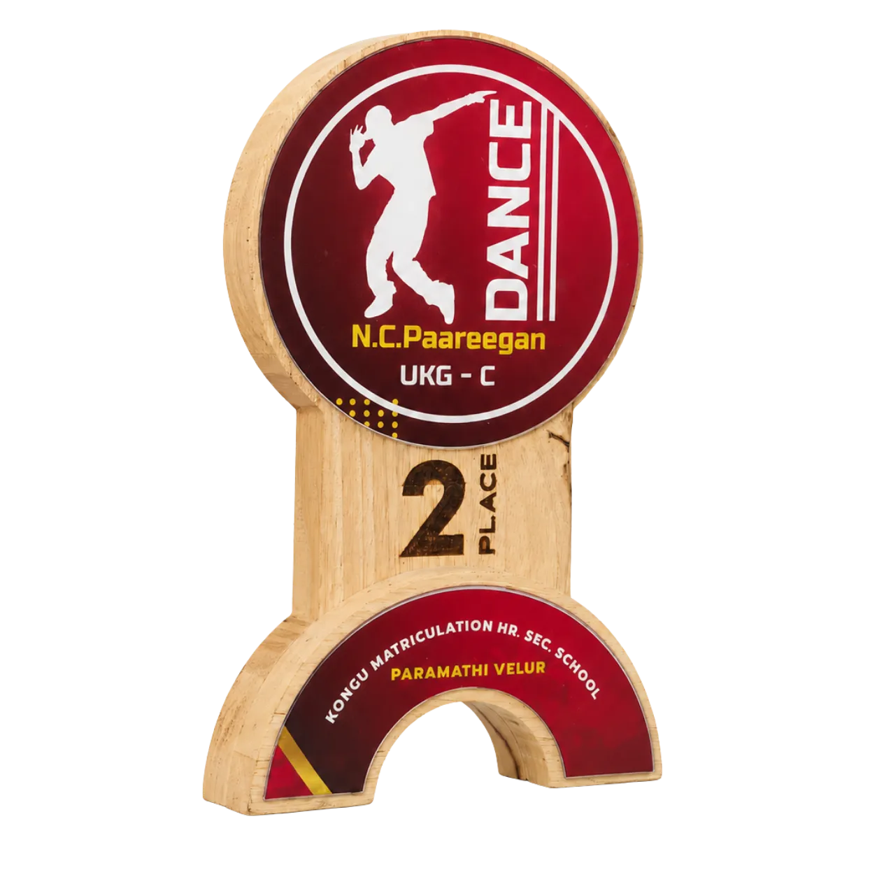 Wood-and-acrylic dance duo trophy with custom event details