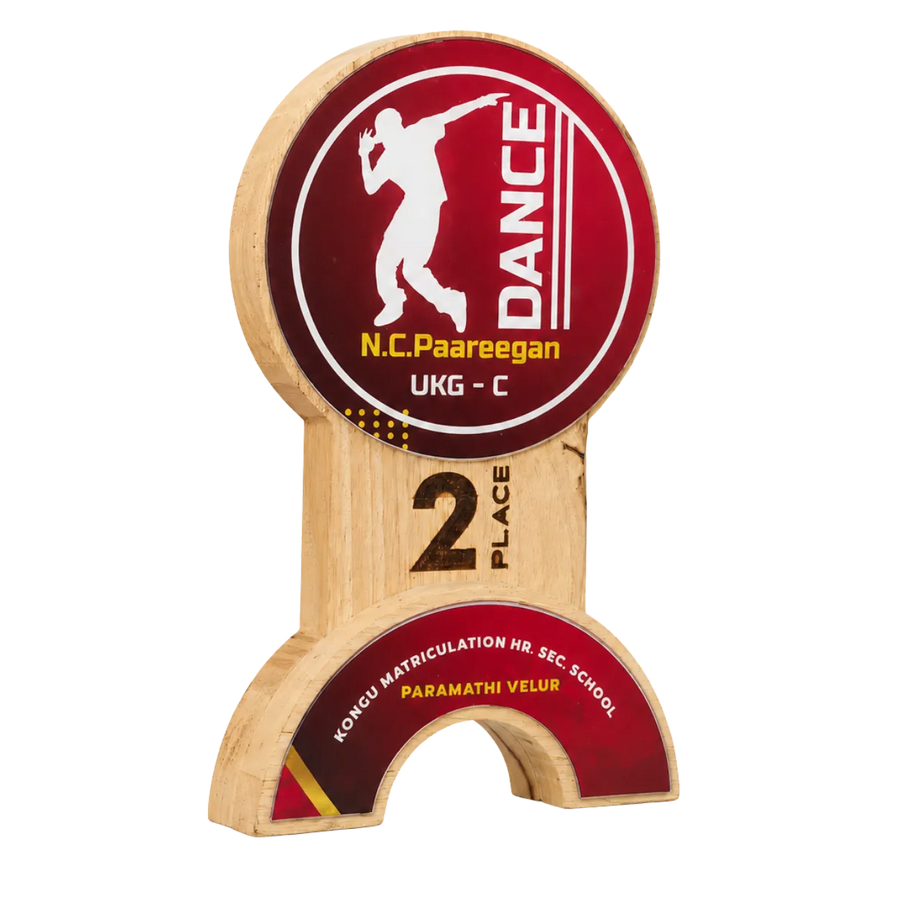 Wood-and-acrylic dance duo trophy with custom event details