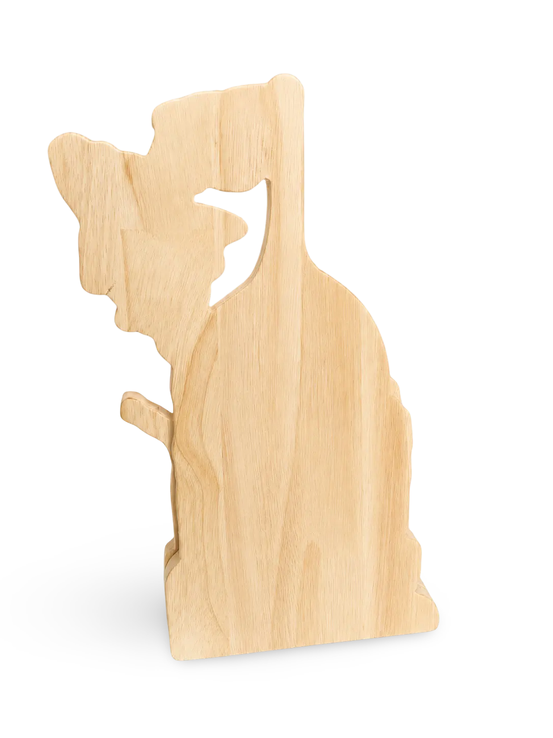 Dog-shaped wooden display board on a white background