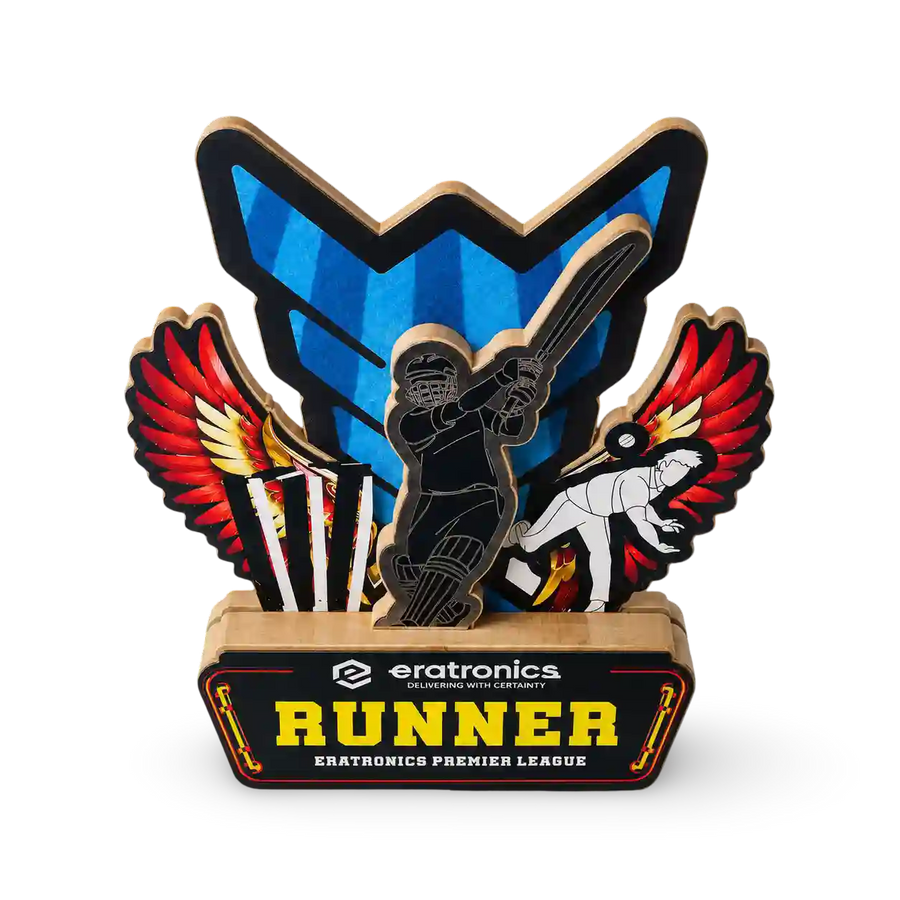 Custom cricket trophy runner up award dual player silhouette blue chevron India