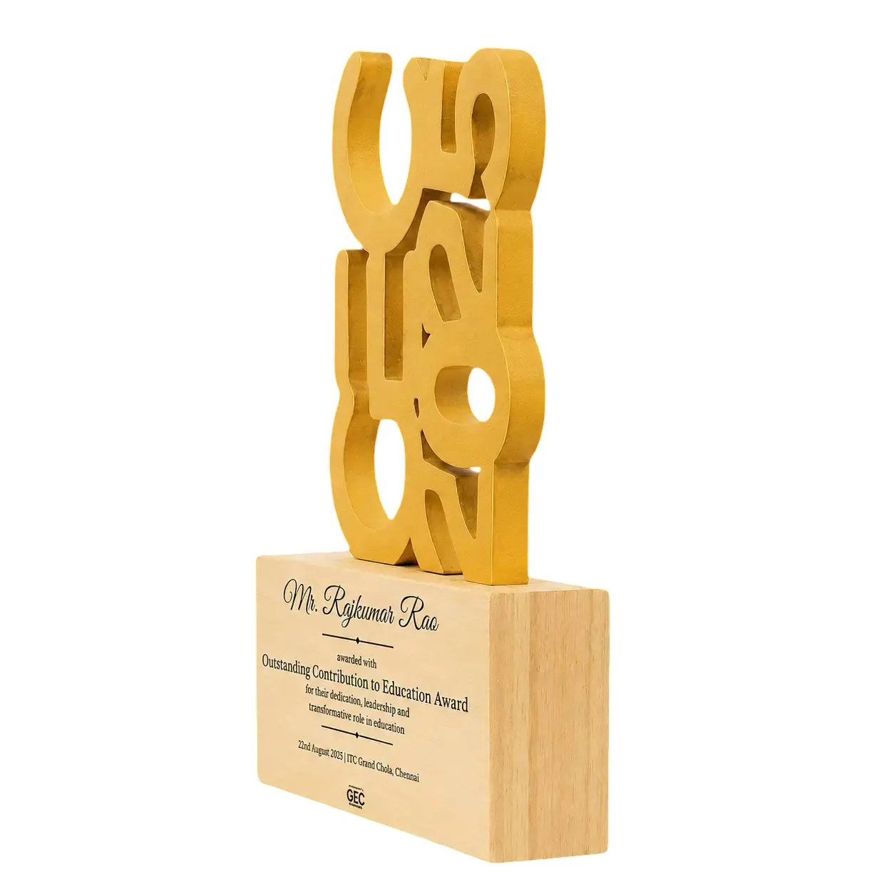 Engraved wooden memento trophy with Tamil script sculpture for lifetime achievement award India