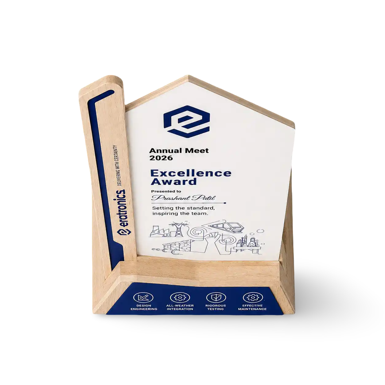 Wooden award with a white plaque featuring text and logos on a white background