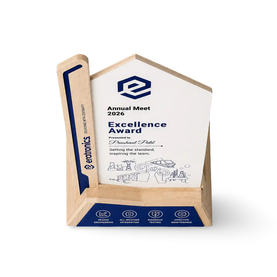 Wooden award with a white plaque featuring text and logos on a white background