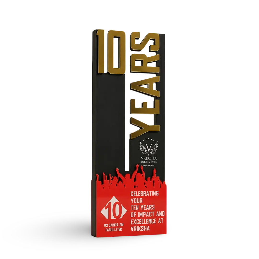 Laser-engraved 10-year service award with employee details and company logo