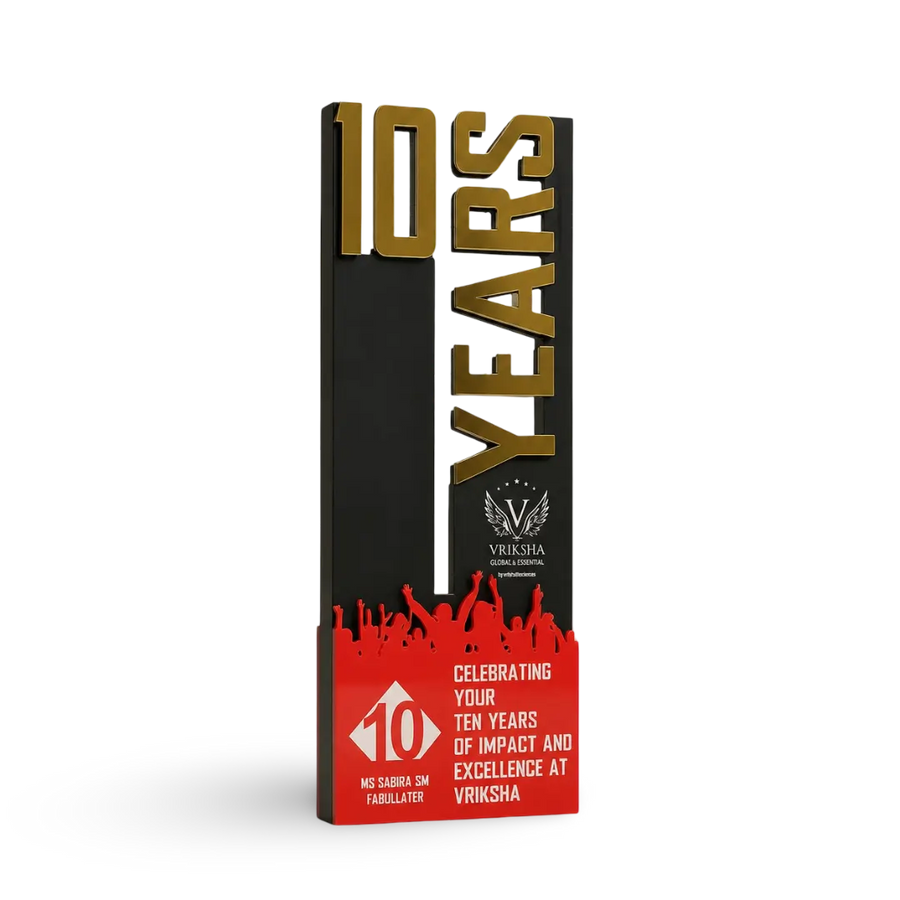 Laser-engraved 10-year service award with employee details and company logo