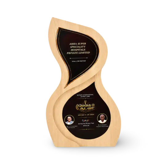 Engraved wooden corporate trophy with flame-style frame and gold-tone trim