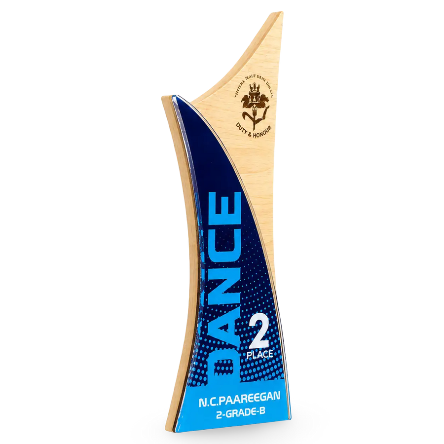 Engraved dancing-figure trophy in wood and acrylic
