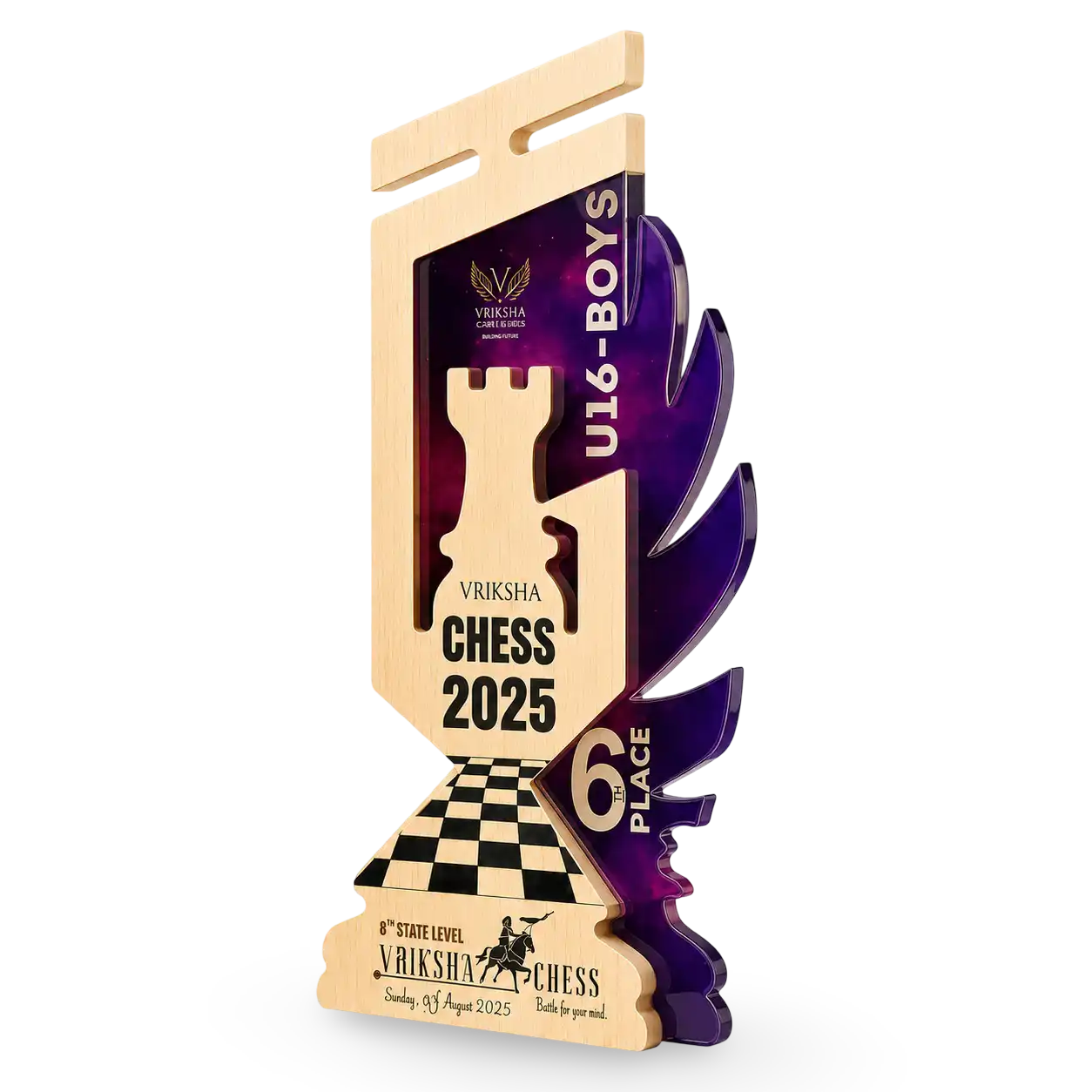 Rook chess trophy laser engraved player name FIDE rating tournament India