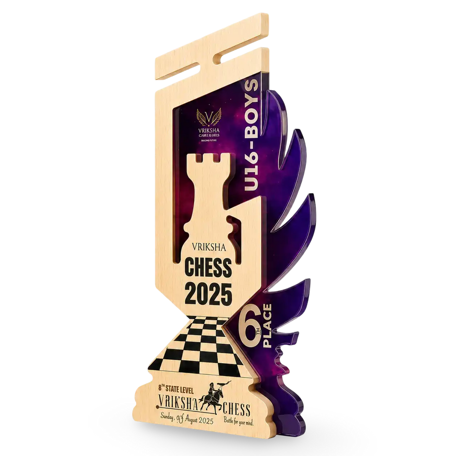 Rook chess trophy laser engraved player name FIDE rating tournament India