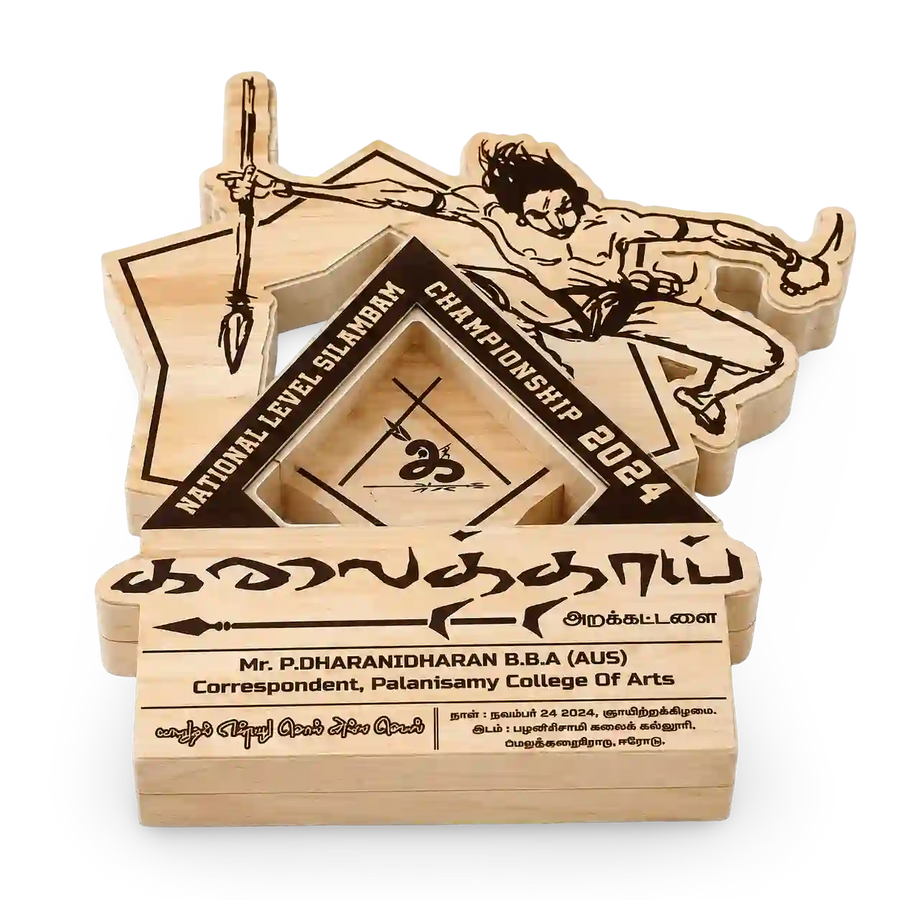 Wooden Silambam award with engraved text and design