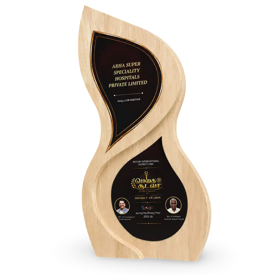 Engraved wooden trophy with dual acrylic appreciation panels