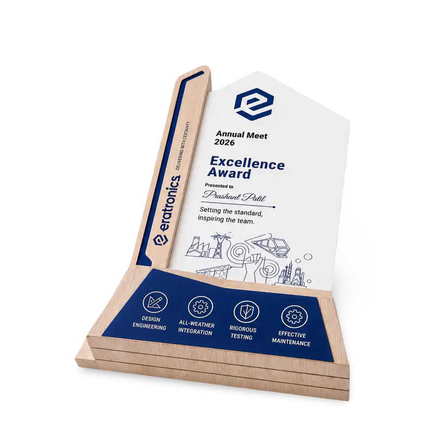 Eratronics Excellence Award with engraved text on a white background