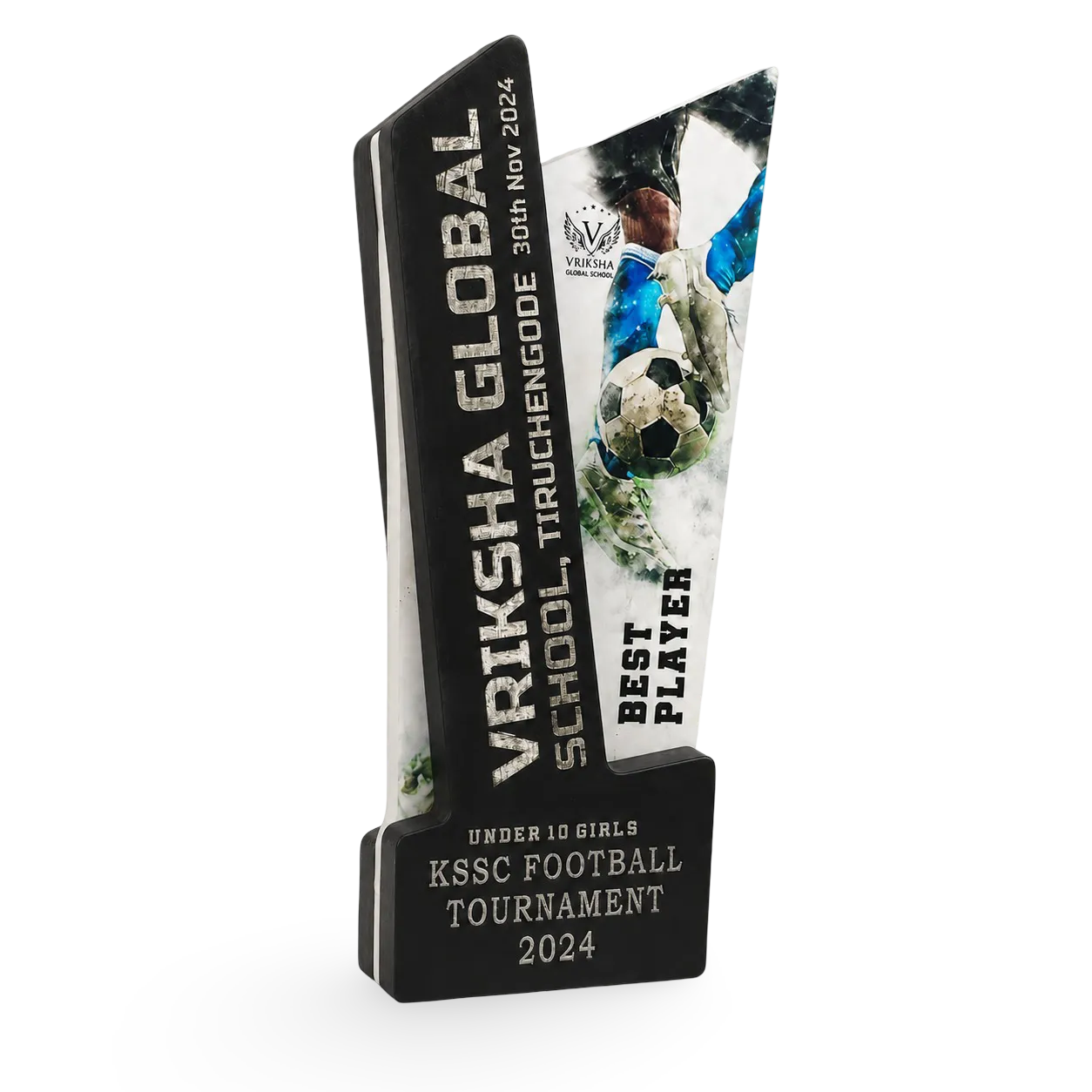 Custom engraved wood-and-acrylic football trophy for school and club events
