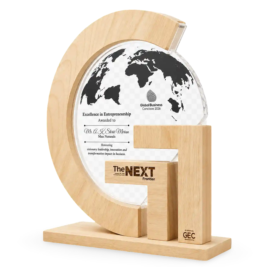 Corporate excellence trophy G-shaped wooden frame acrylic insert custom engraving India