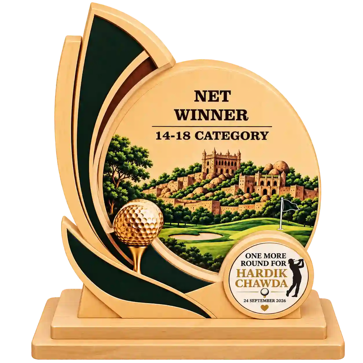 Side view of golf trophy with layered curved design and winner plaque