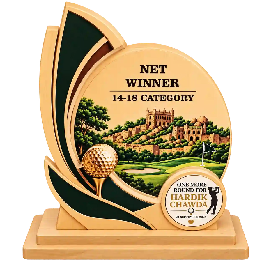 Side view of golf trophy with layered curved design and winner plaque