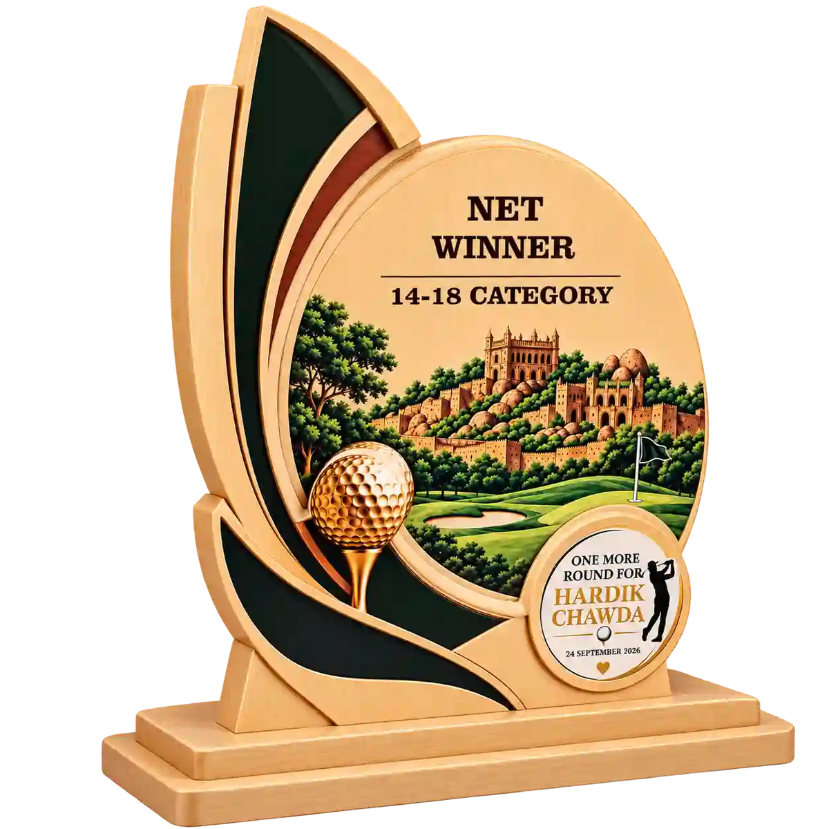 Three-quarter view of customized golf net winner award with Hardik Chawda plaque