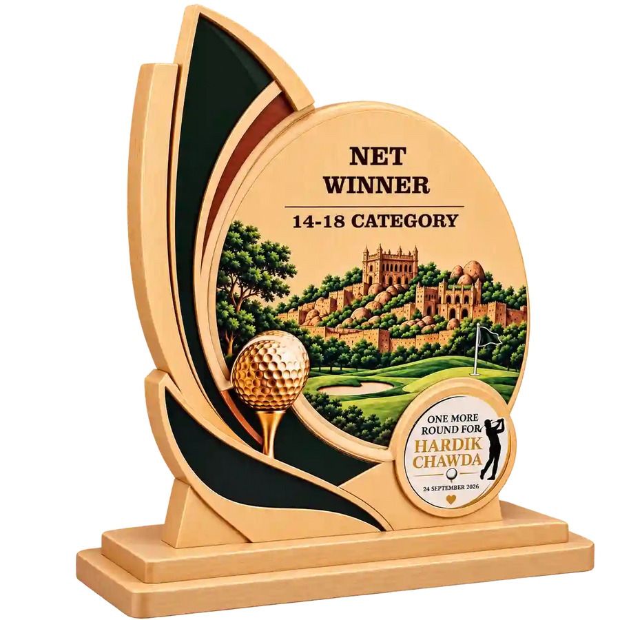 Three-quarter view of customized golf net winner award with Hardik Chawda plaque