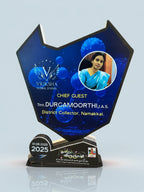 Decorative award with a portrait of a woman and text on a blue background