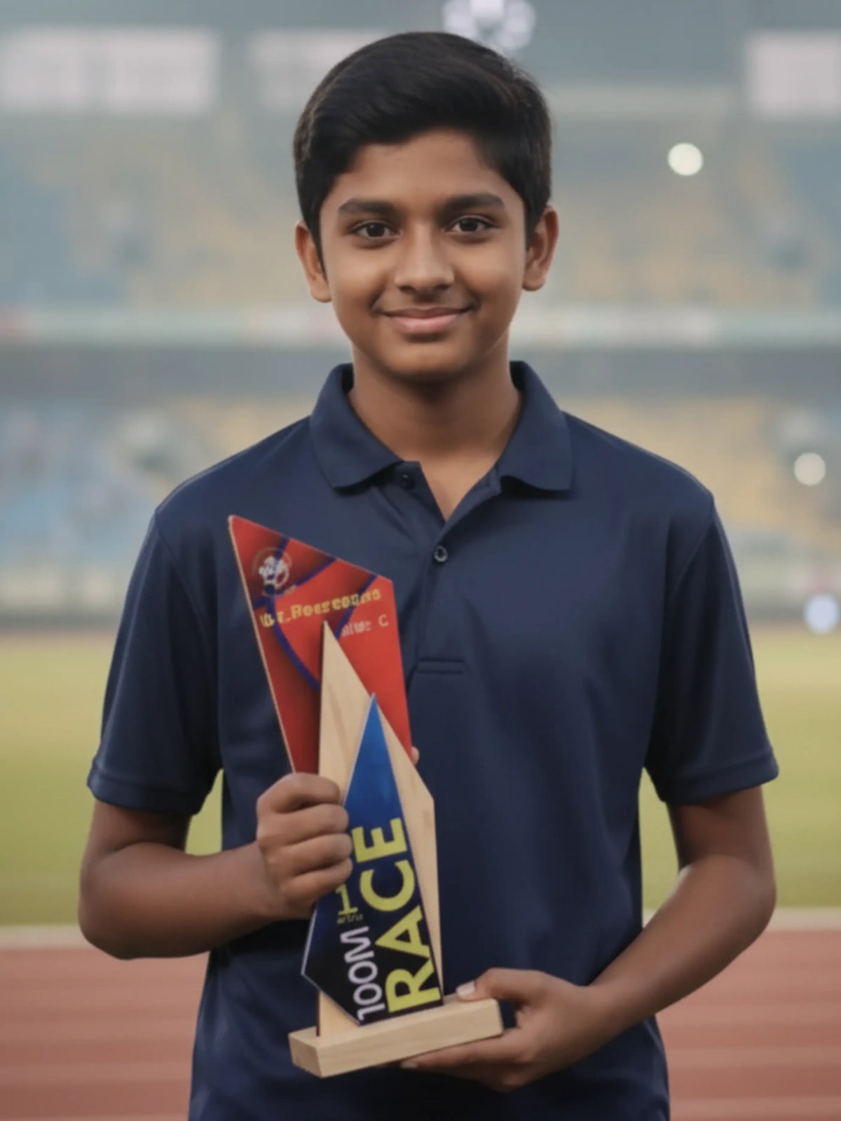 Young boy holding a trophy on a track and field background