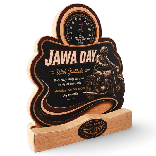 Jawa motorcycle riders trophy with layered acrylic bike artwork