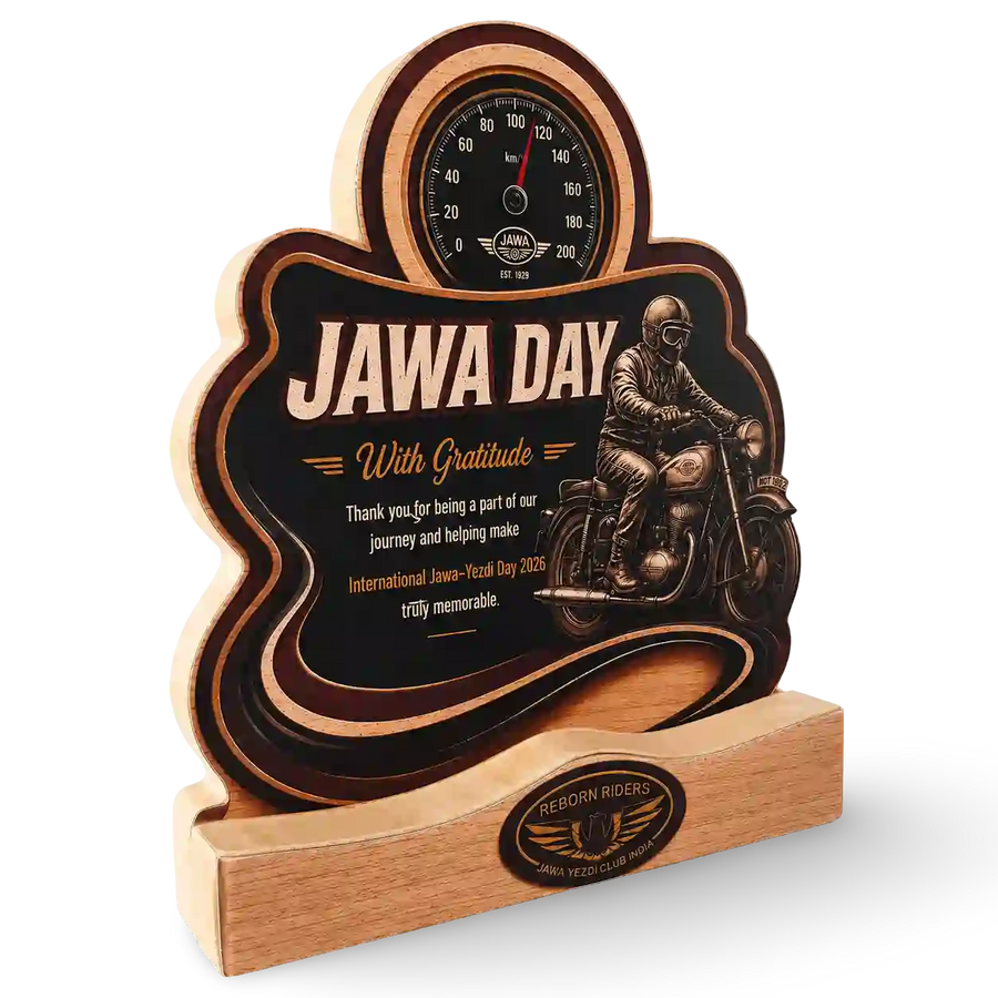 Jawa motorcycle riders trophy with layered acrylic bike artwork