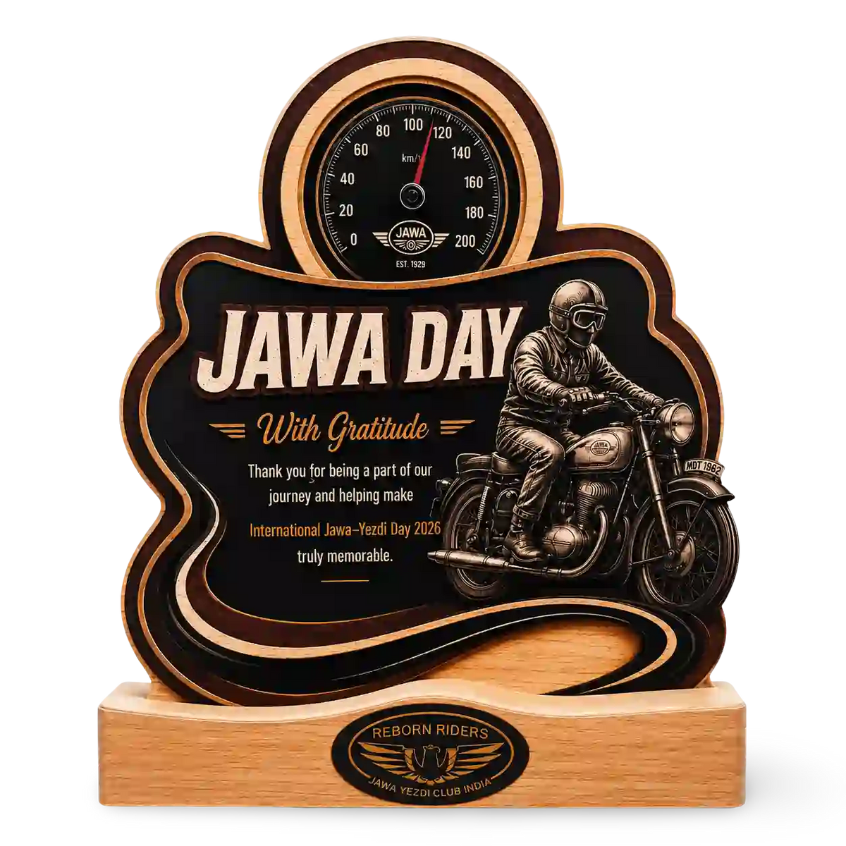 Jawa Day Riders Trophy – Custom Wooden Motorcycle Memento | Reborn Riders