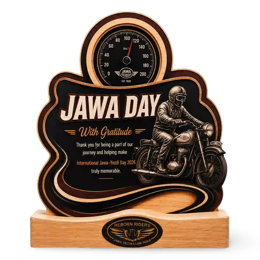 Jawa Day Riders custom wooden motorcycle memento, front view