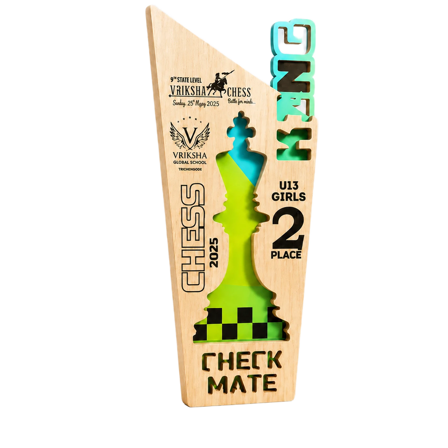 A wooden trophy plaque for the 2025 U13 Girls Chess Championship, featuring a large green and blue chess piece silhouette with a checkered base, and the words 'CHECK MATE' and 'U13 GIRLS 2 PLACE'.
