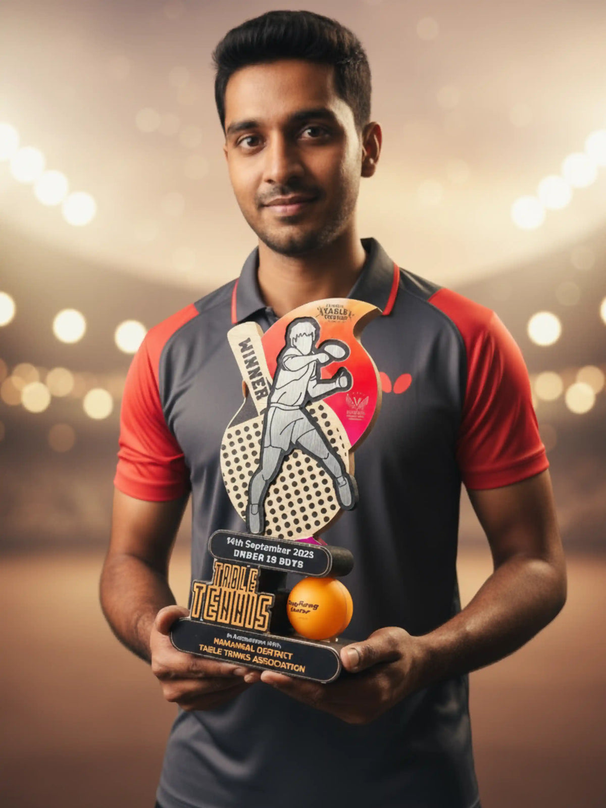 Man holding a table tennis trophy with a blurred light background