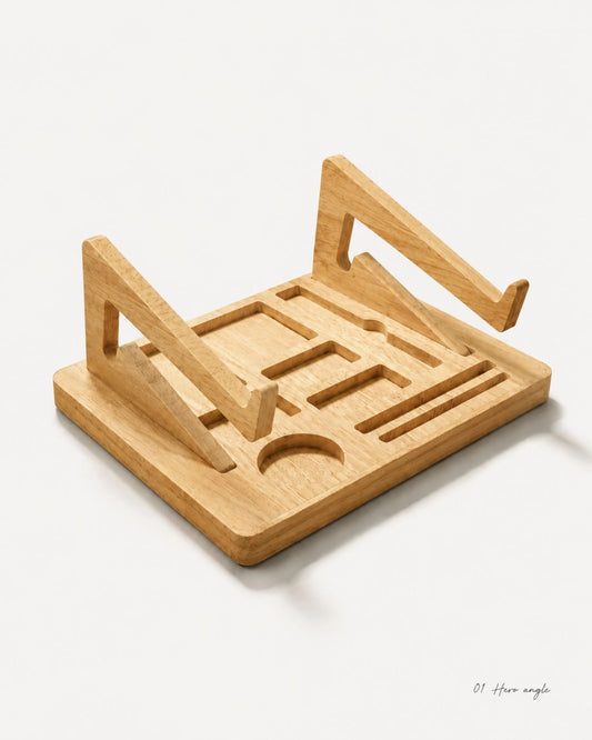 A light natural wood geometric stand with multiple slots and angled support arms, photographed on a clean white background.