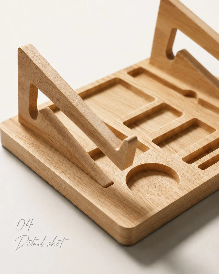 Close-up detail shot of a light natural wood organizer tray with geometric cutouts and triangular stand supports, photographed on a clean off-white background.