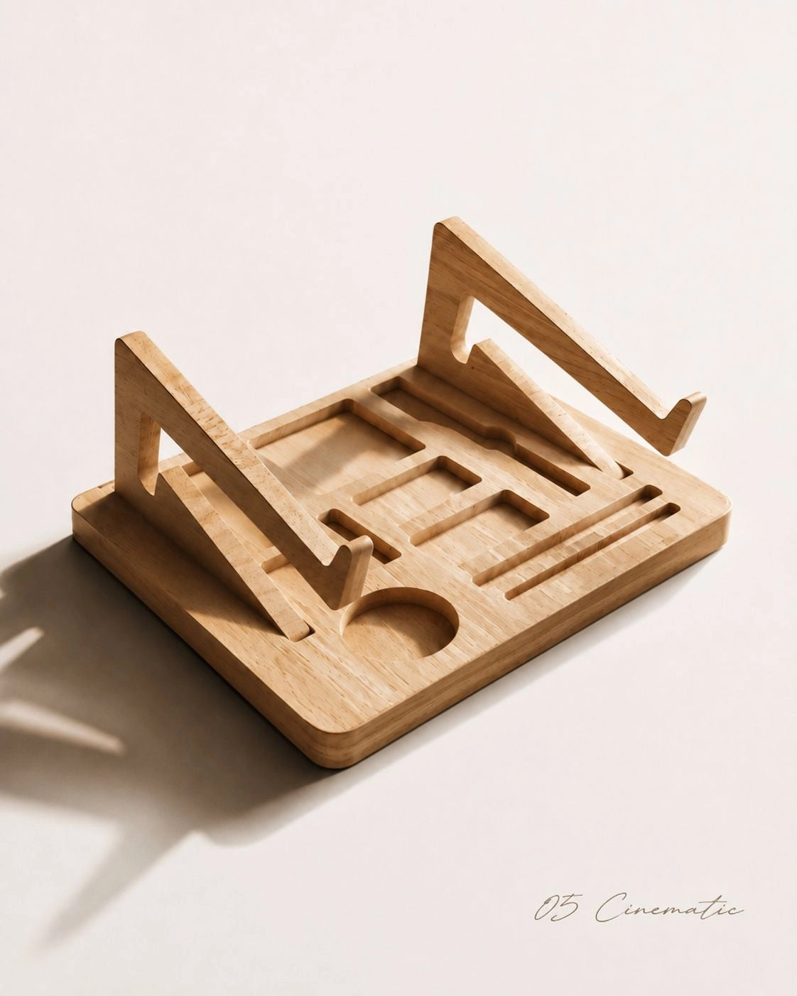 A light natural wood geometric organizer tray with multiple cutout compartments, photographed on a warm off-white background with a soft shadow and a small '05 Cinematic' watermark in the lower right.