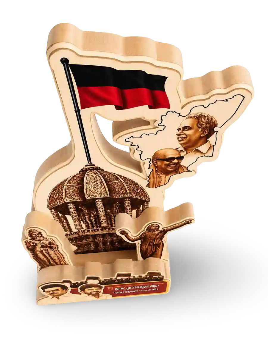 Map-shaped wooden memento with embossed design and flag
