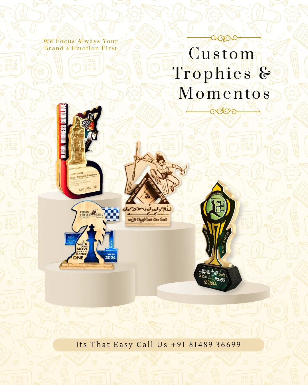 Collection of custom trophies and momentos on a decorative background with contact information.