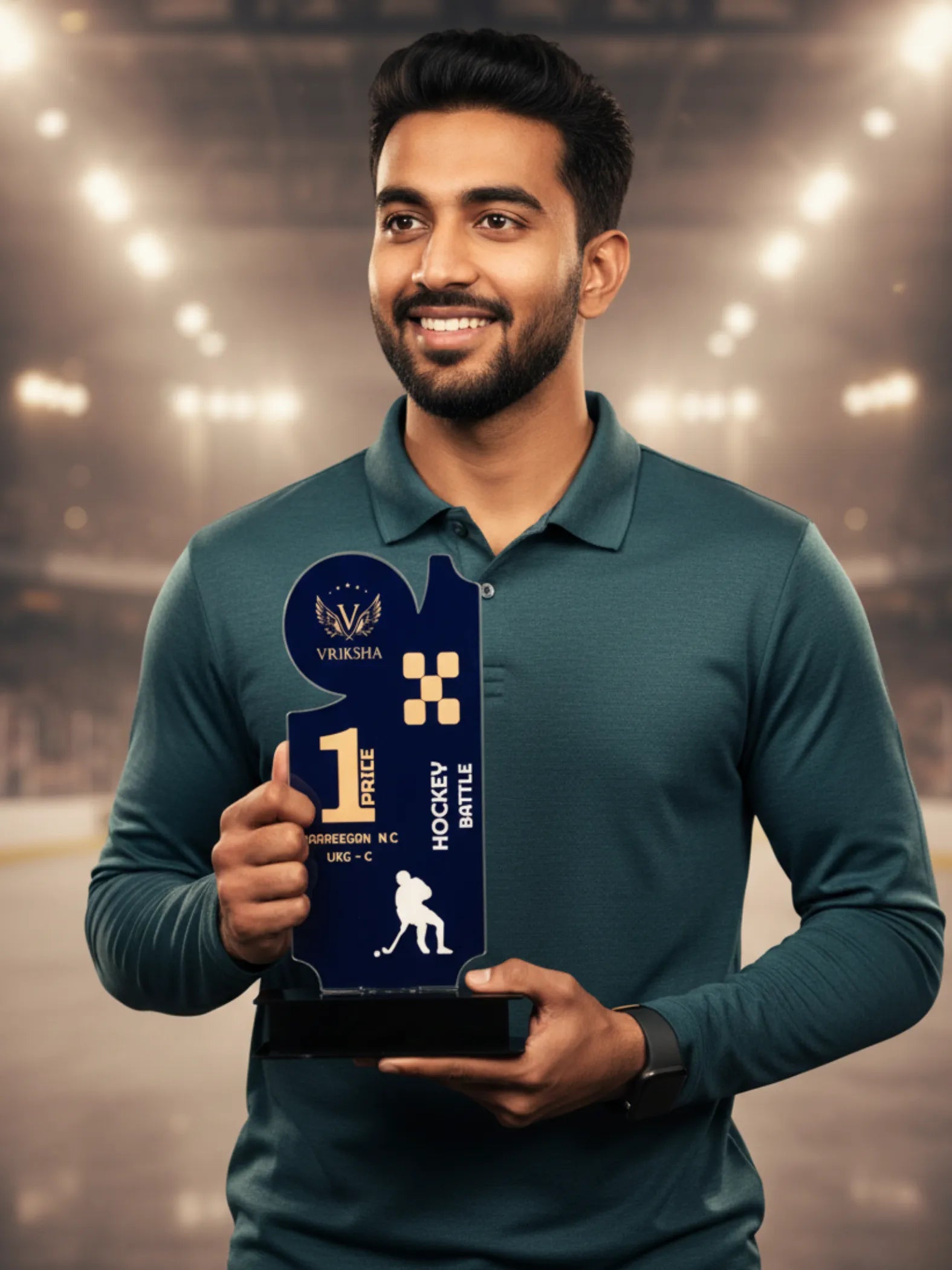 Man holding a trophy with 'Viksha' branding in an indoor sports arena setting