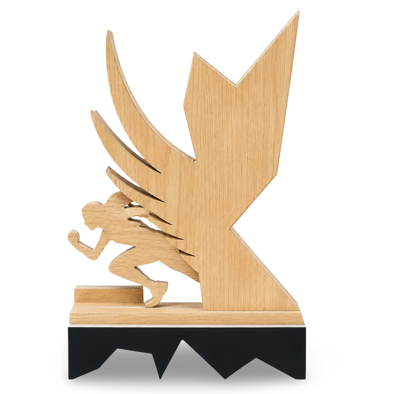 Wooden trophy with a winged figure design on a white background