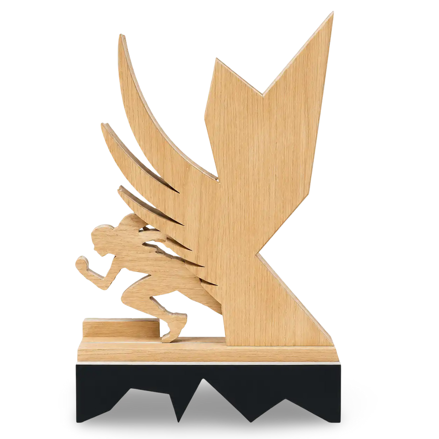Wooden trophy with a winged figure design on a white background