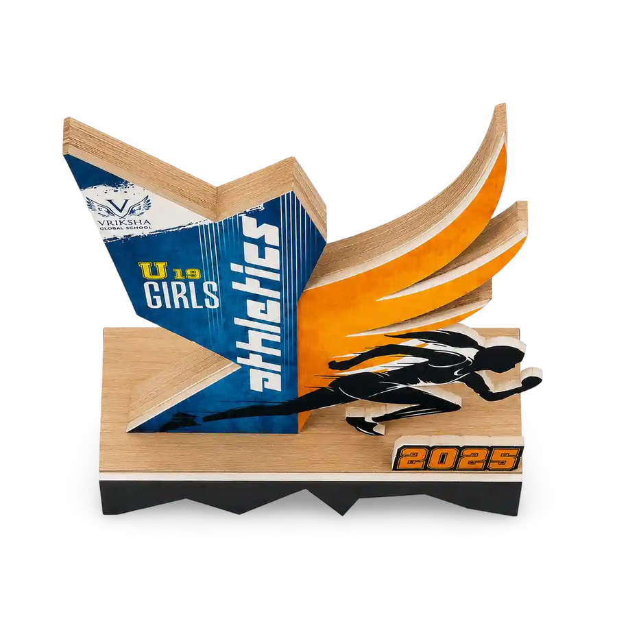 Wooden trophy with blue and orange design, featuring 'U 19 Girls Athletics' and a running figure, on a white background.