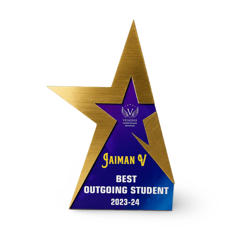 Outstanding student trophy in rubber wood and acrylic, front view