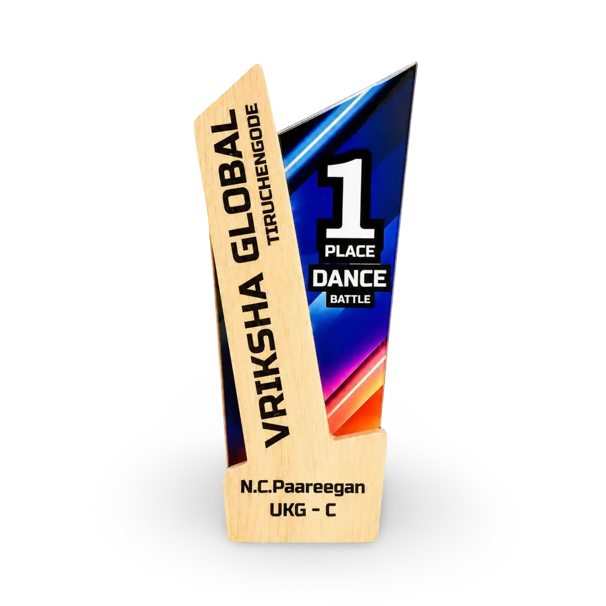 Dance performance recognition trophy with personalised details, front view